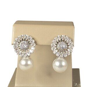 Women's Silver Plated Rhinestone Faux Pearl Pierced Earrings NWOT